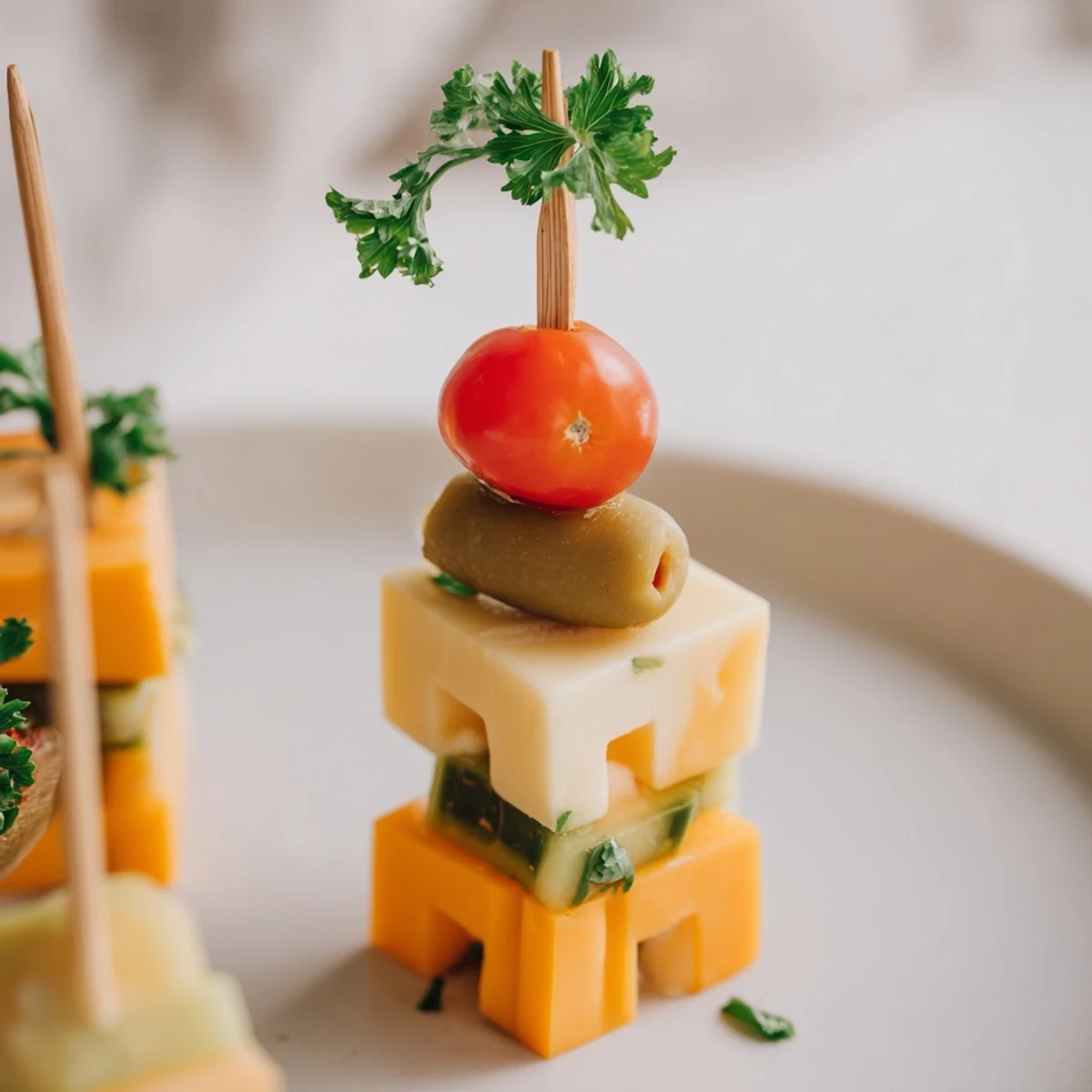 Brightly colored Festive Cube Cheese Stack, a party-ready arrangement of cheeses and fresh garnishes.