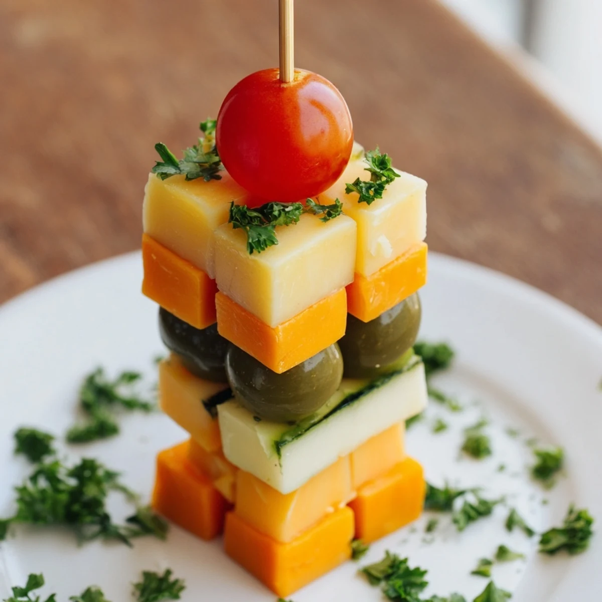 A delicious, visually appealing Festive Cube Cheese Stack, perfect for holiday entertaining with assorted cheeses.