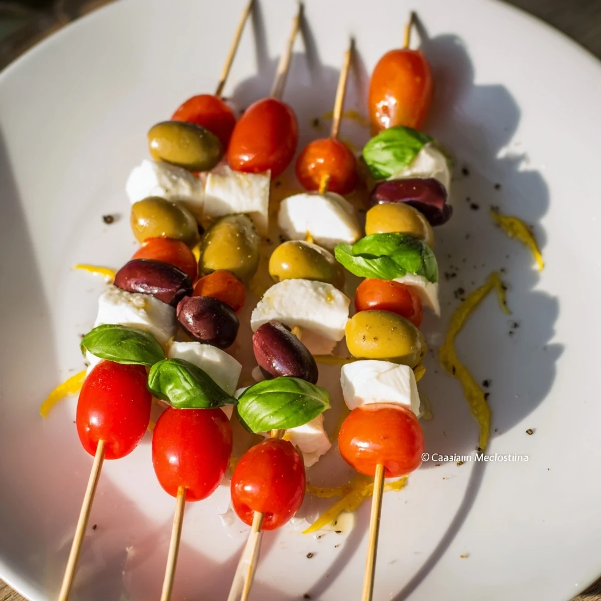 Christmas Lights Olive and Tomato Skewers arranged on a platter, showcasing vibrant cherry tomatoes and olives.