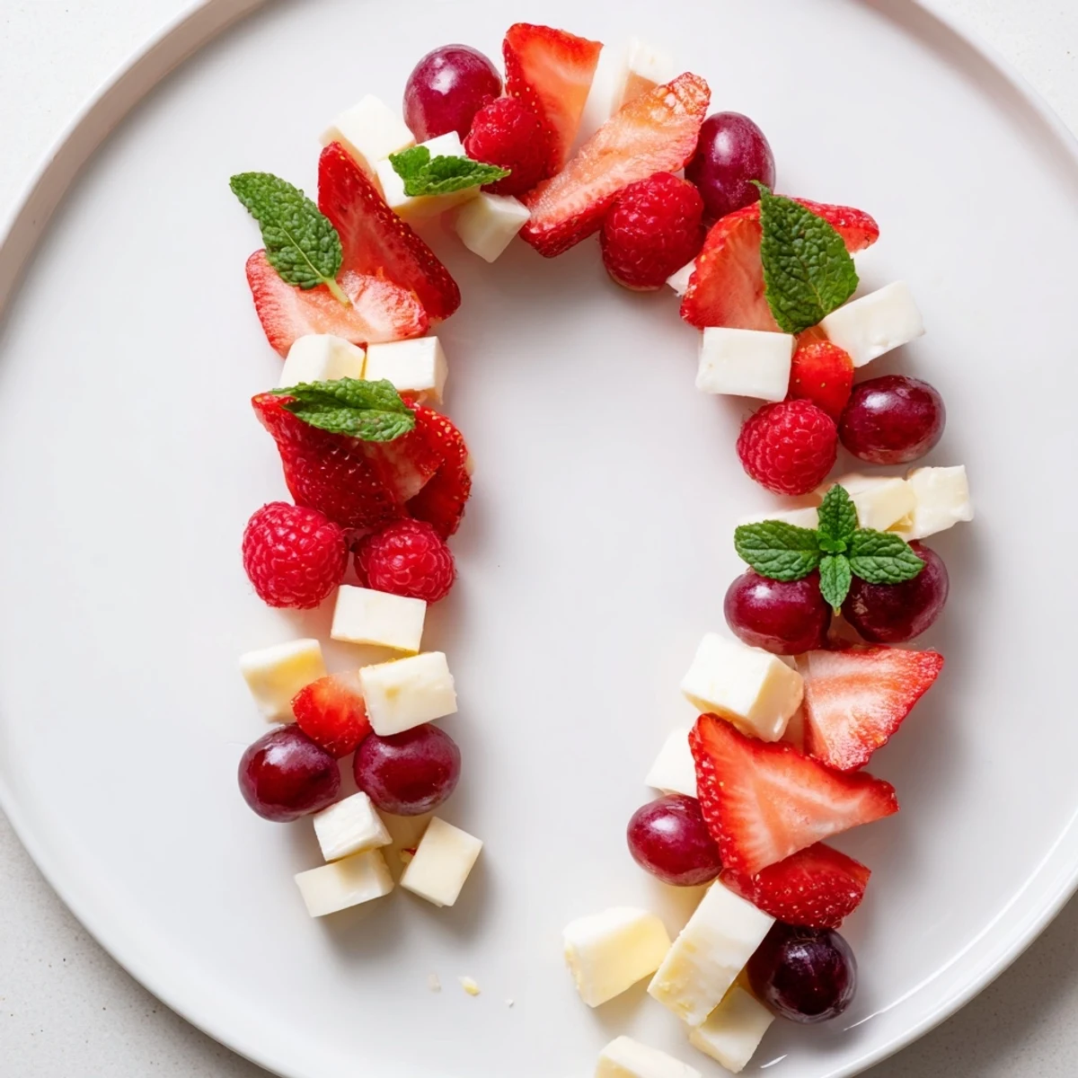 Close-up of a Candy Cane Stripe Fruit and Cheese arrangement, ready for a holiday brunch.