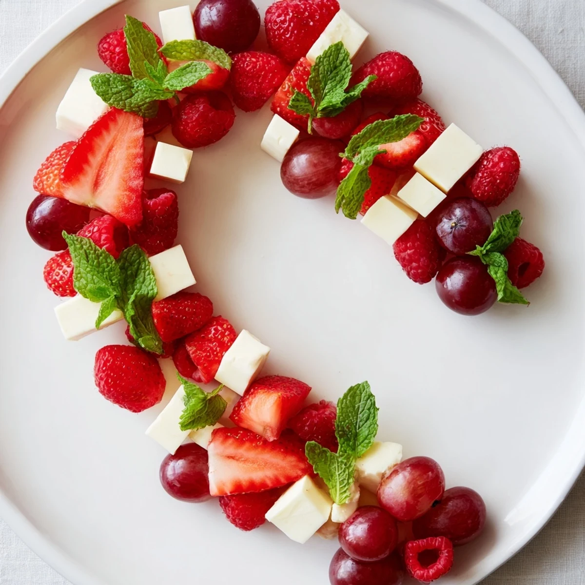 A beautiful display of Candy Cane Stripe Fruit and Cheese, an easy and festive appetizer.