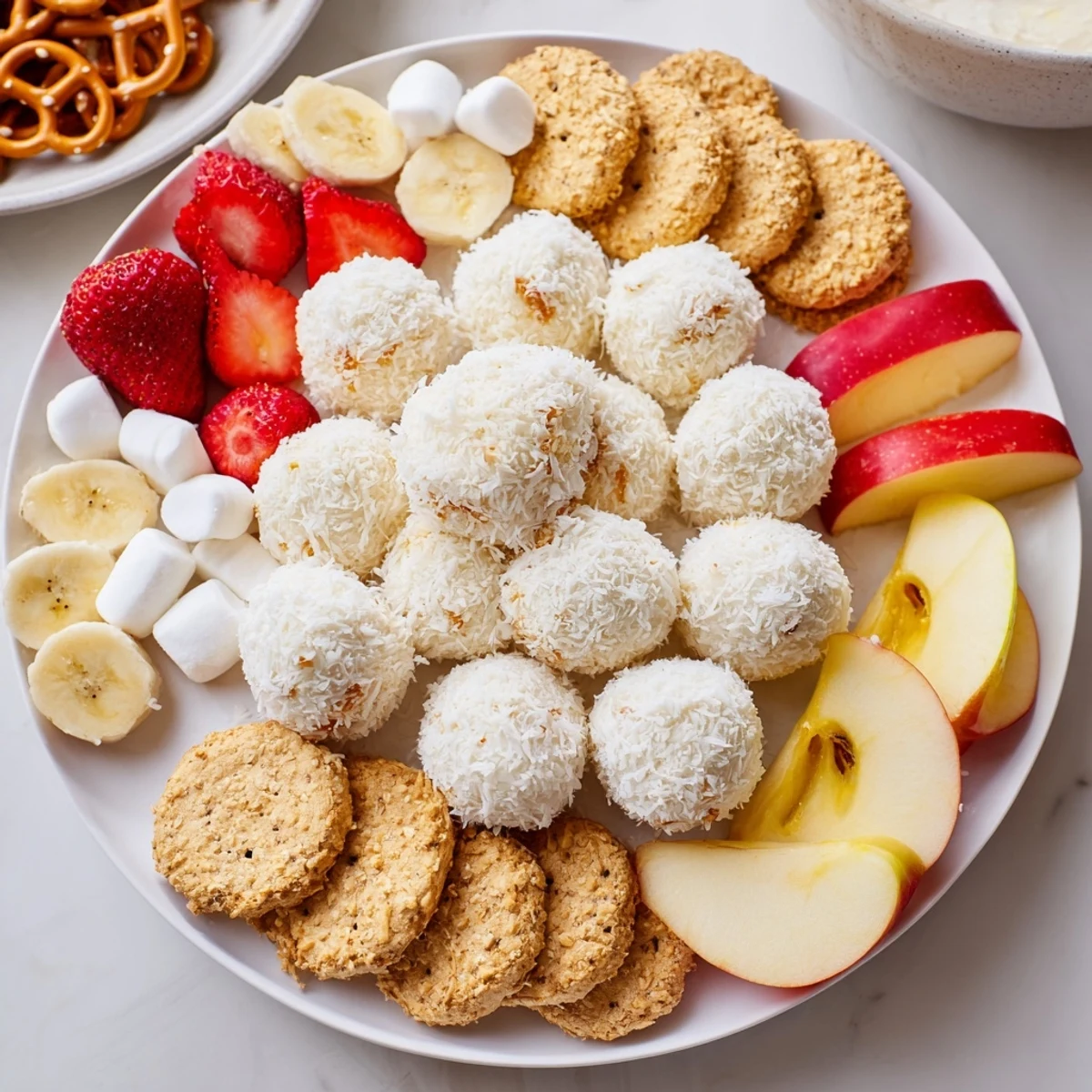 This sweet Marshmallow Snowball Dip Platter shows coconut-covered balls among fresh fruit and dippers.