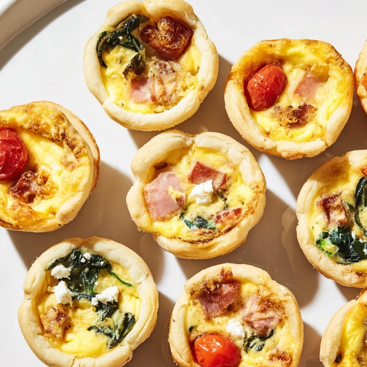 Mini Quiche Holiday Village Board: a savory, festive arrangement of golden brown mini quiches on a wooden serving board.
