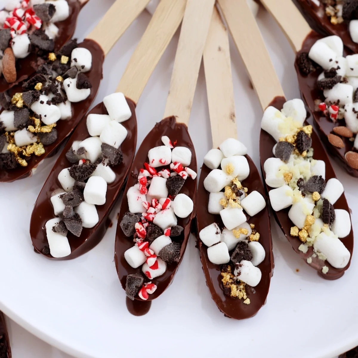 A beautiful Hot Chocolate Spoon Toppings board with colorful marshmallows and chocolate chips readily displayed.