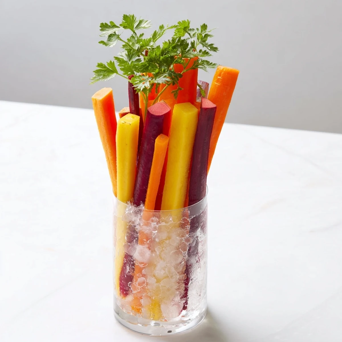 Vibrant rainbow carrot sticks chilled in tall glasses, a refreshing crudités appetizer at a party.