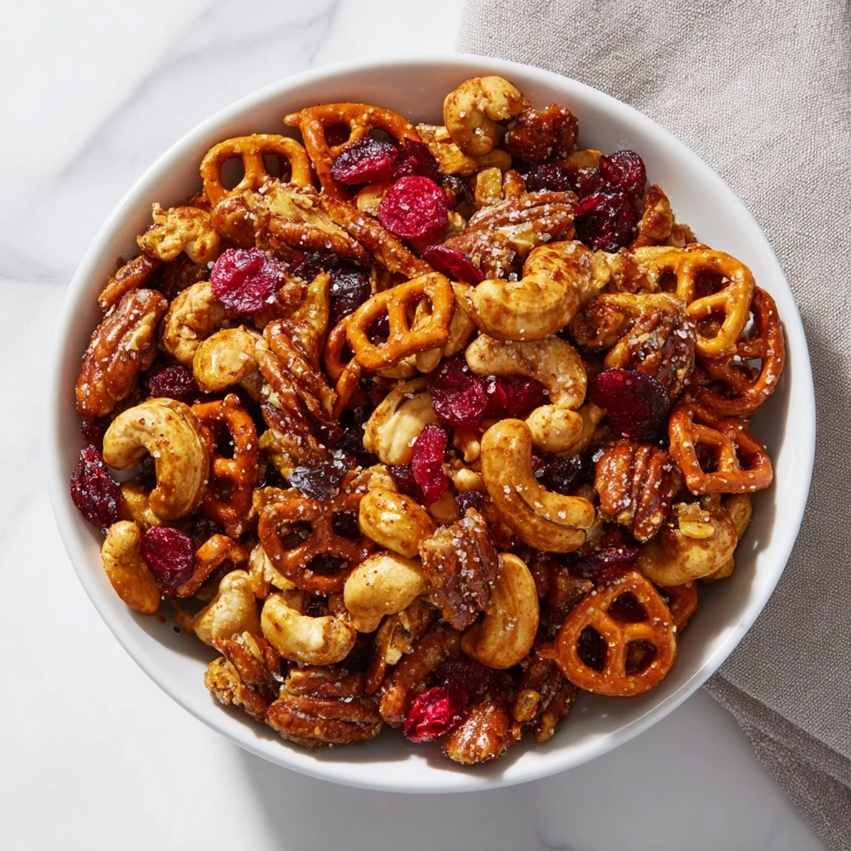 Golden, crunchy Sweet and Salty Holiday Nut Bowl: a festive snack mix with dried cranberries and holiday spice.