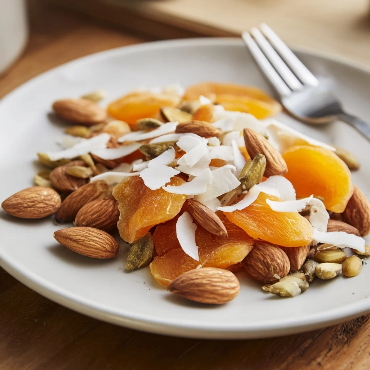 Sweet dried apricots and almonds piled high, ready to enjoy as a light and healthy Fruit & Nut snack.