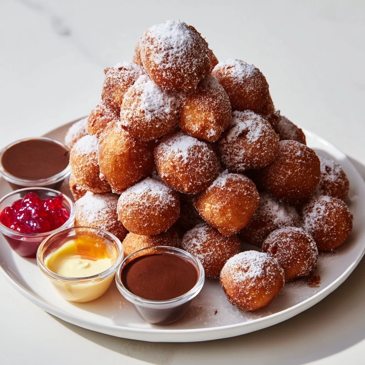 Close-up of freshly fried powdered donut holes, piled high on a platter, ready to eat.