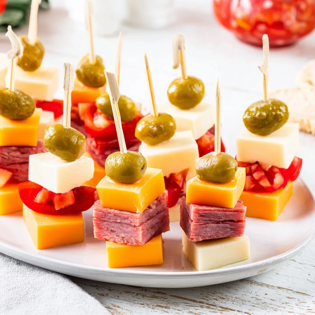 Savory Skewers: meat, cheese, and pickle cubes make a delicious, colorful appetizer on a platter.