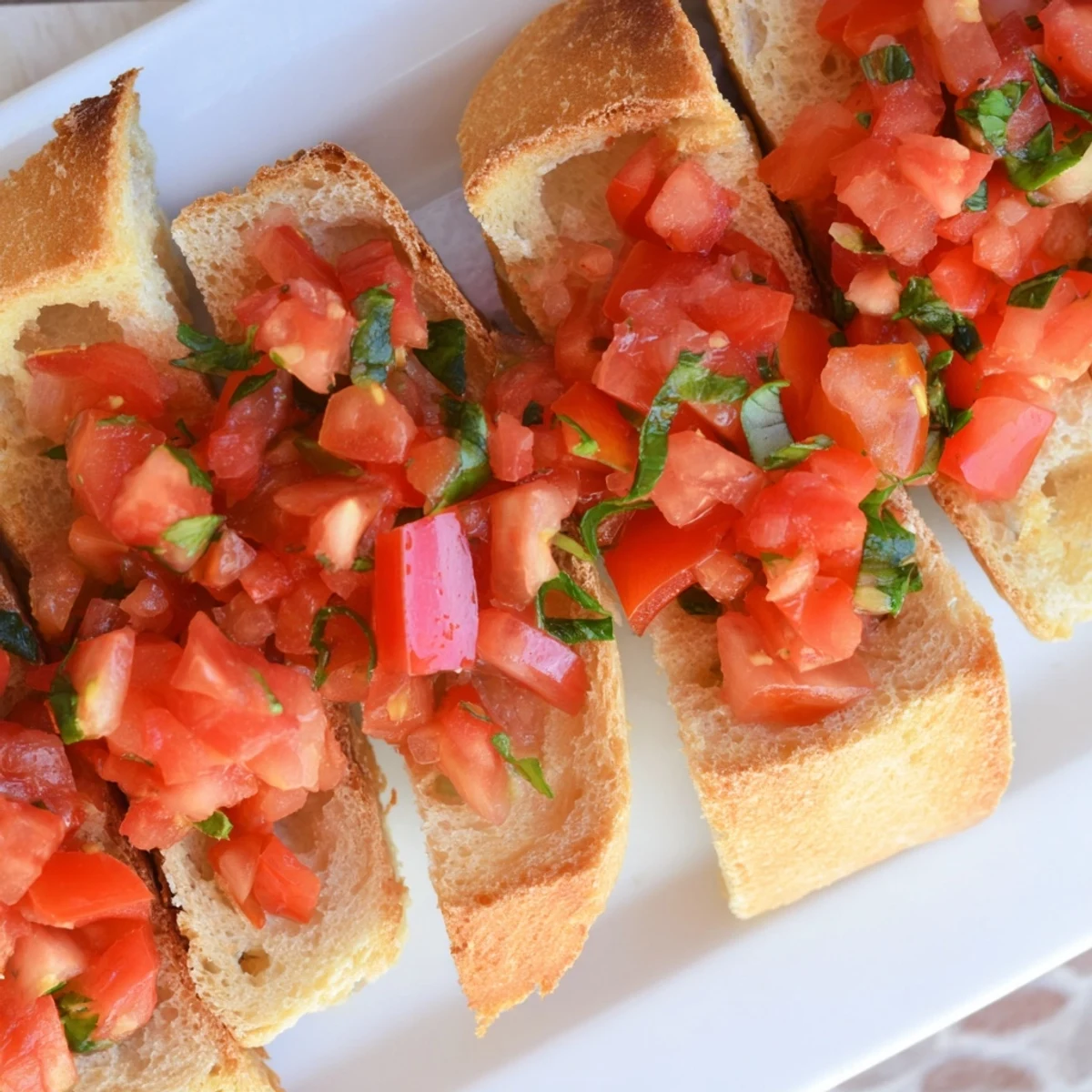 Golden, crispy Bruschetta toasts are arranged diagonally, showcasing vibrant tomato and basil toppings.