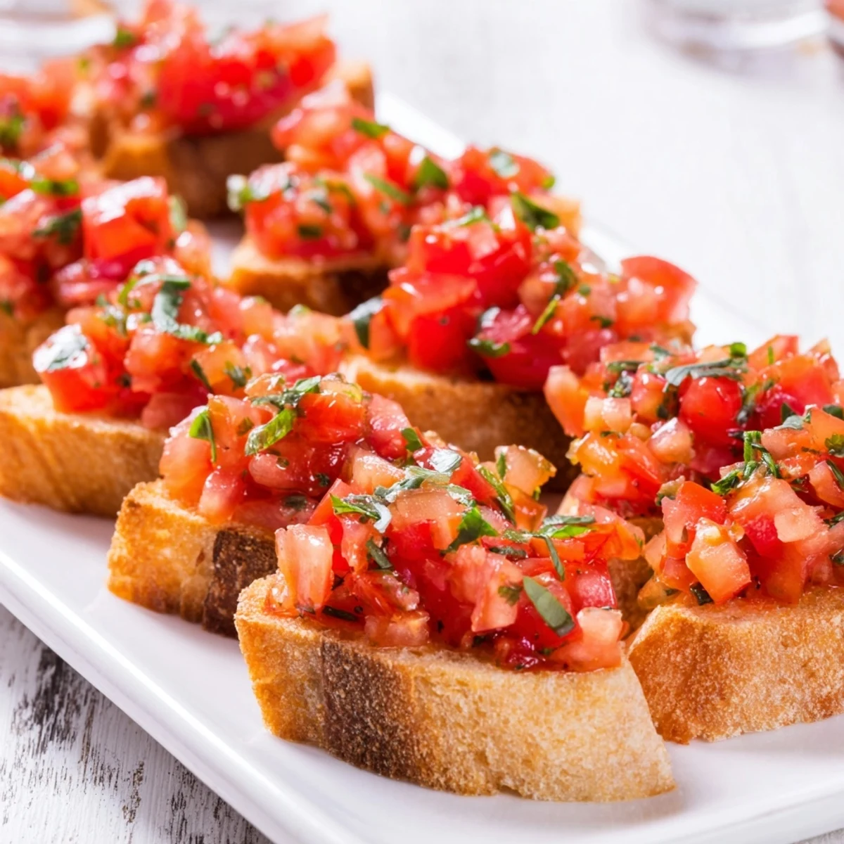 Elegant diagonal arrangement of Bruschetta toasts: toasted baguette, juicy tomatoes, and fresh basil appetizers.