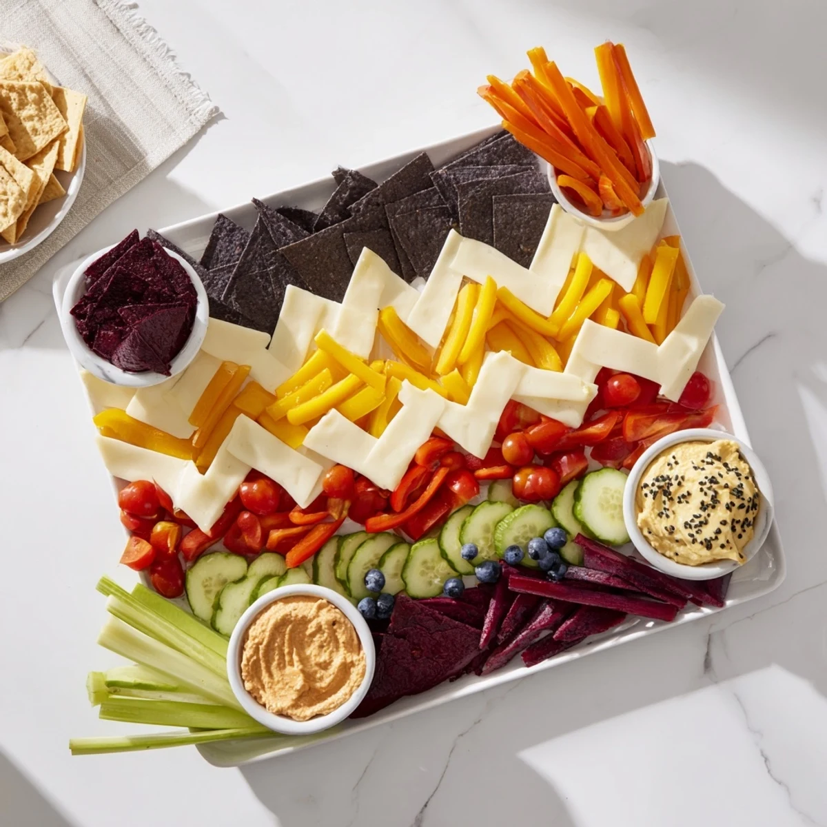 Zig-Zag Lightning Strike: A vibrant platter of colorful veggies and cheeses arranged in a striking zig-zag pattern.