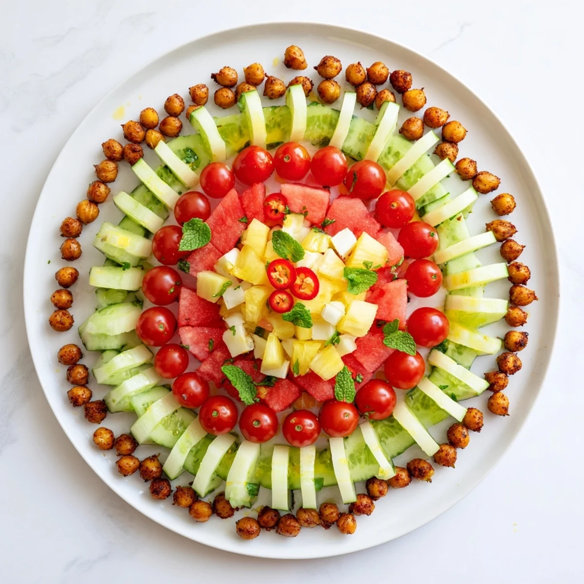 Vibrant concentric rings of flavor: sweet pineapple, savory feta, and spicy chickpeas beautifully arranged on a platter.
