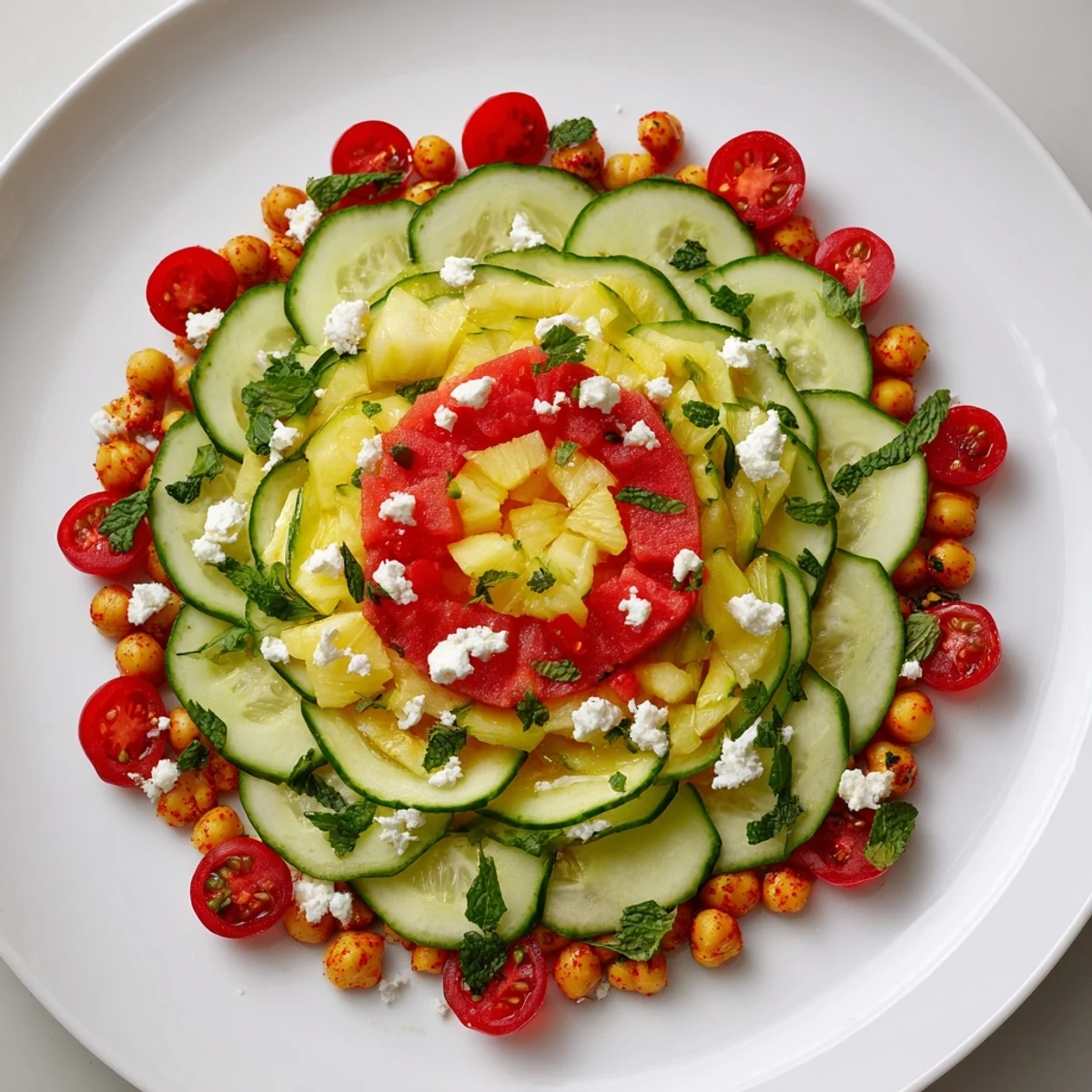 Artfully layered concentric rings recipe with refreshing watermelon, crisp cucumbers, and zesty lemon-drizzled chickpeas.