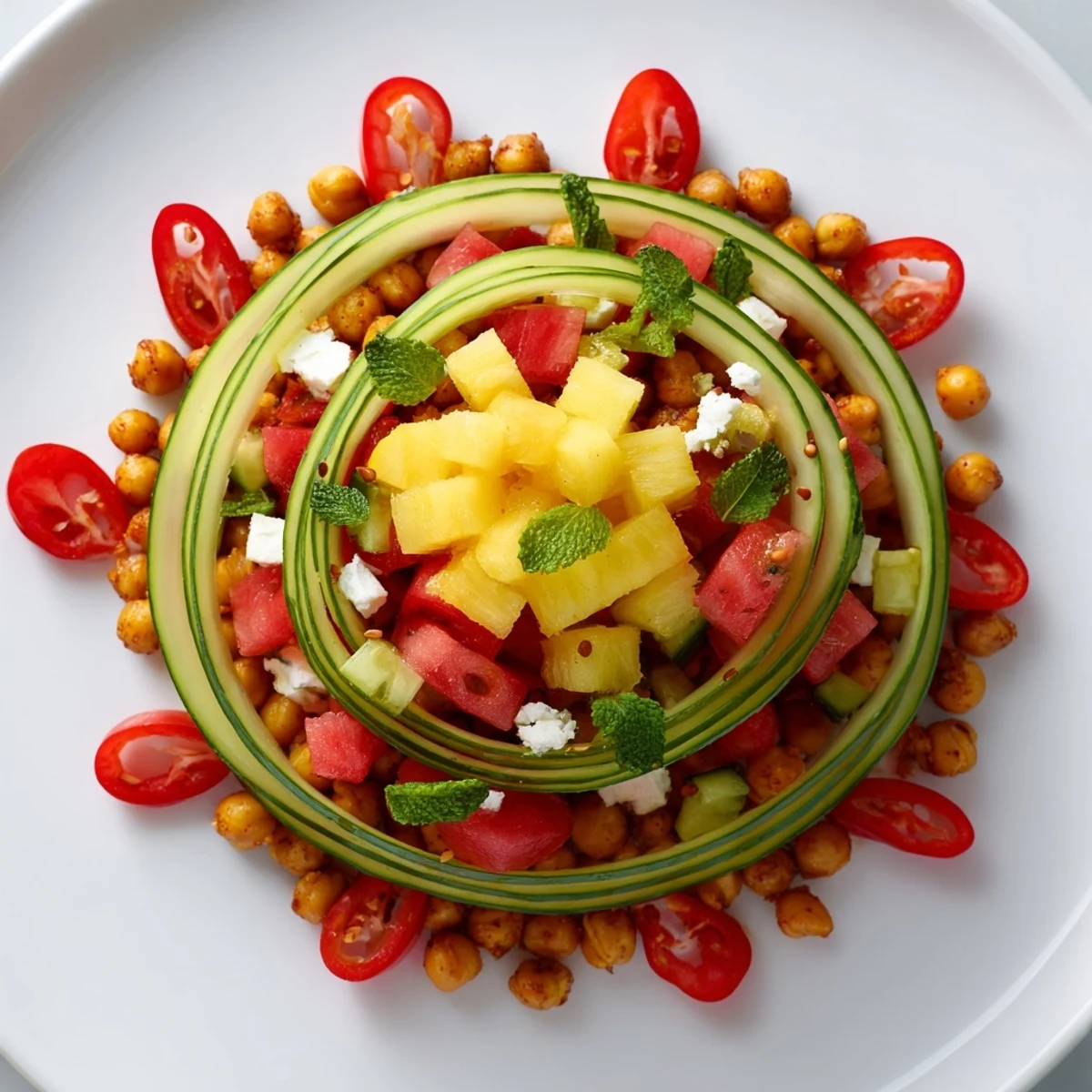 This spectacular concentric rings appetizer showcases colorful sweet, savory, and spicy ingredients perfect for serving.
