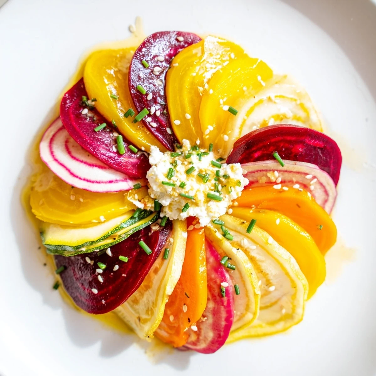 Thinly sliced beets and squash create a vibrant Radial Symmetry Sunburst salad, ready to eat.