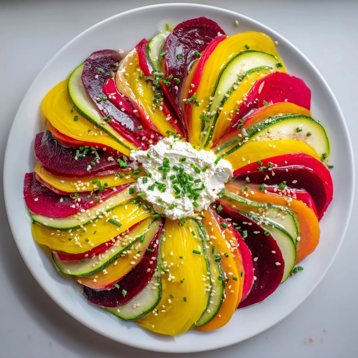 This colorful Radial Symmetry Sunburst showcases artfully layered vegetables with creamy goat cheese.