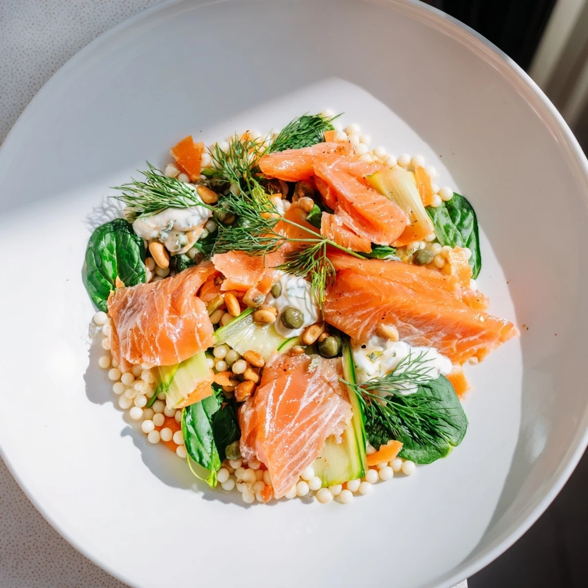 Artfully arranged Infinity Loop Flow: Flaky salmon, fresh veggies, and couscous in figure-eight.