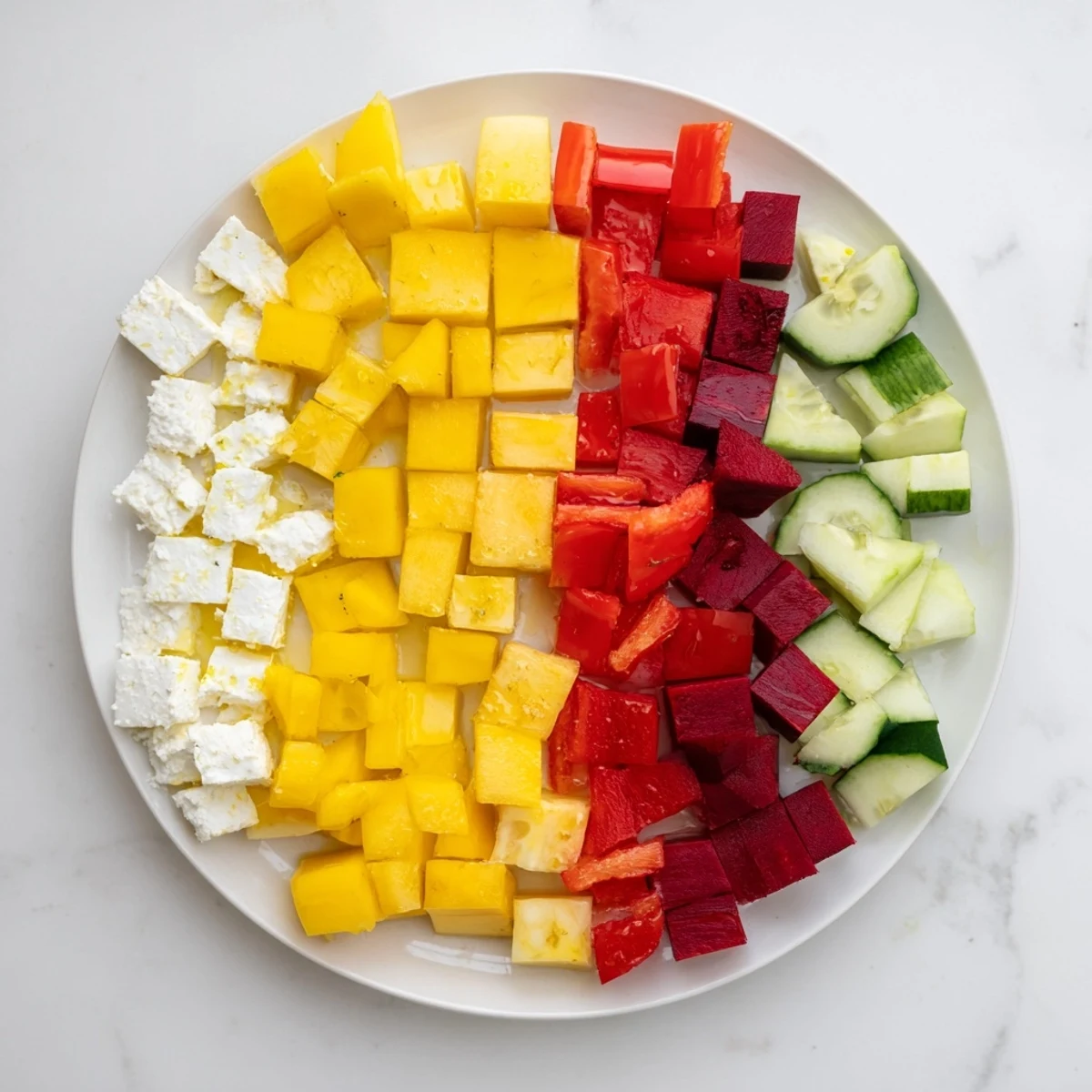 Close-up of vibrant Cube Geometry Study salad; colorful cubes artfully arranged on a platter.
