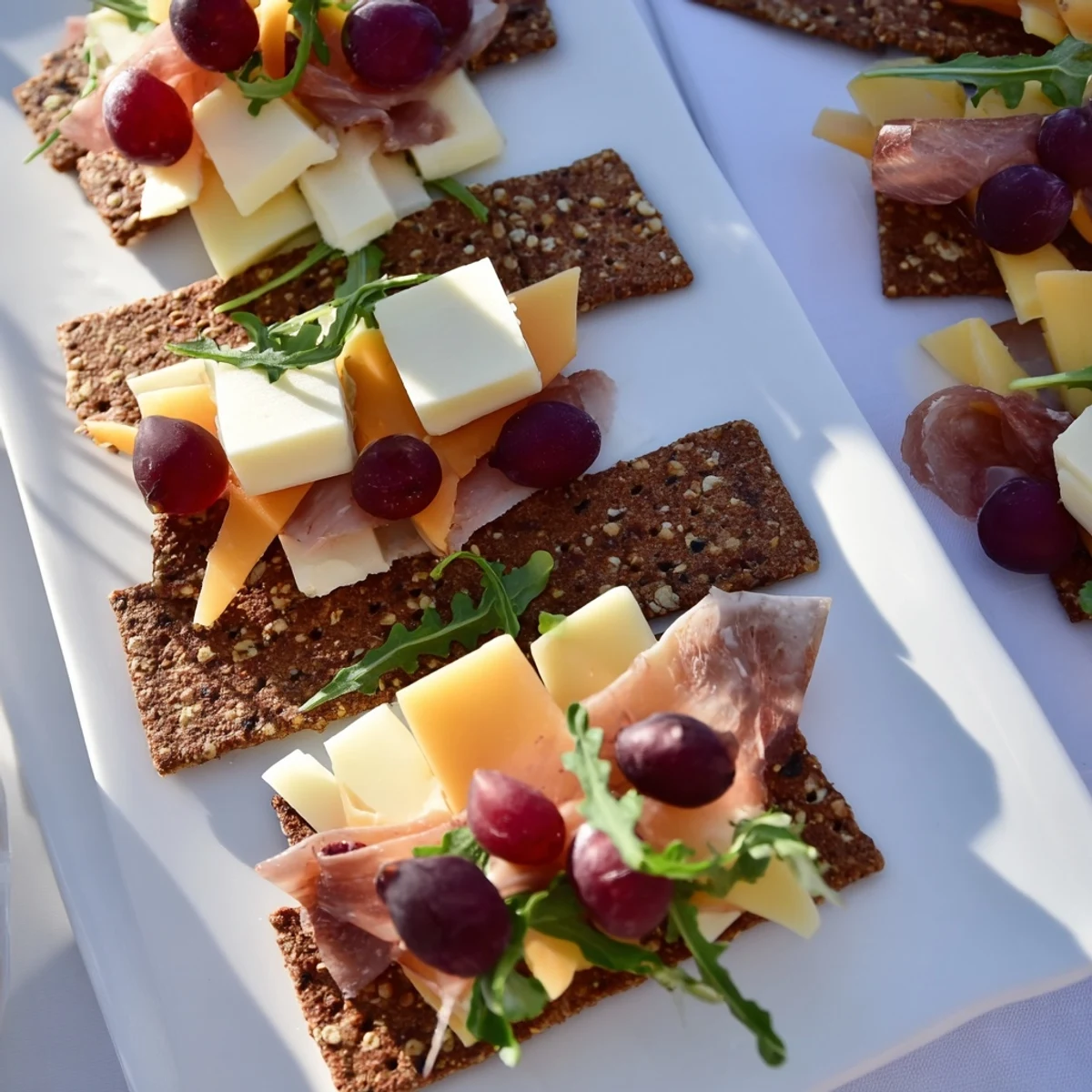 Layered Urban Skyline appetizer shows cheese and meat towers rising from crackers, ready to enjoy.