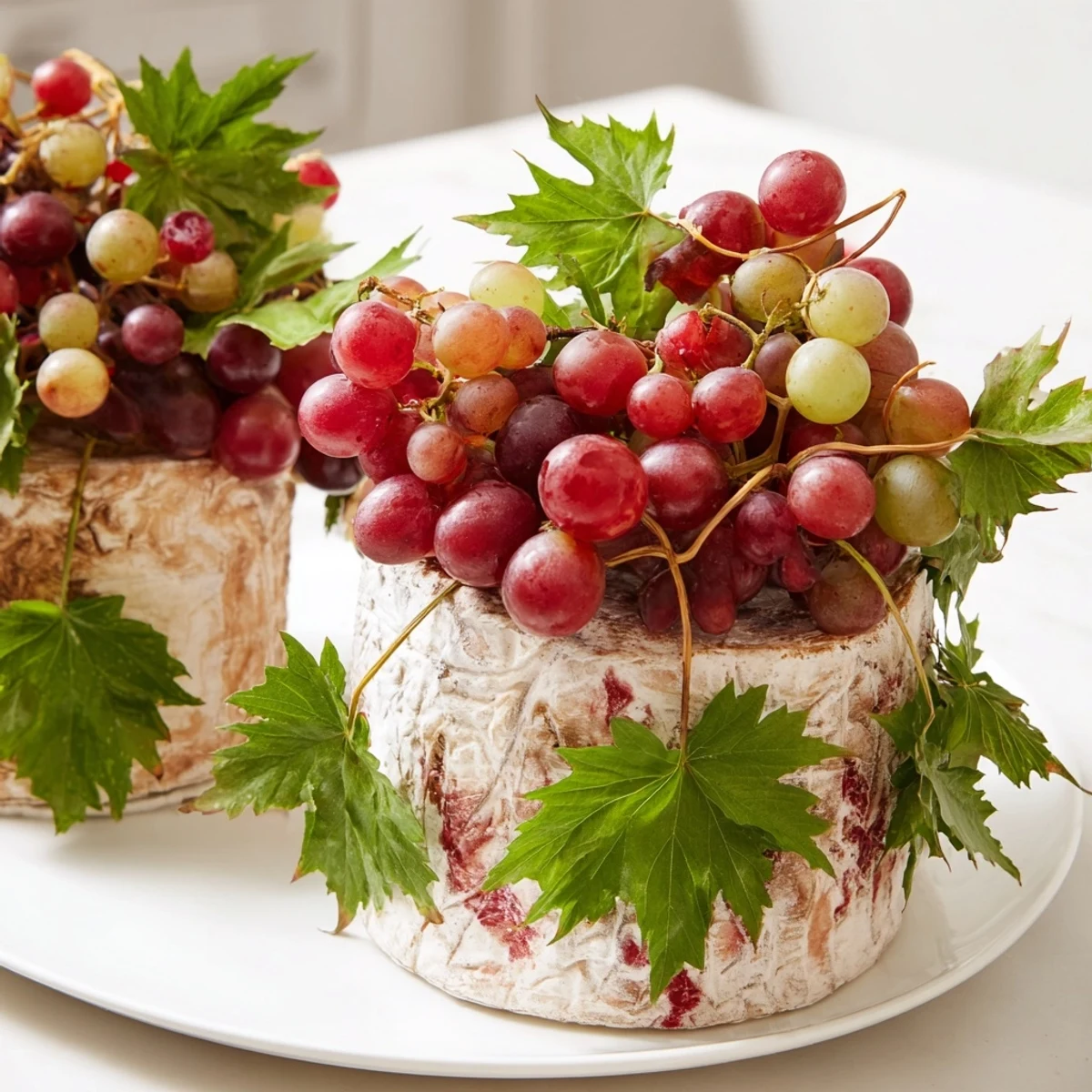 The Rustic Vineyard appetizer presents inviting cheese wheels draped in vibrant grapevine, ready to enjoy.