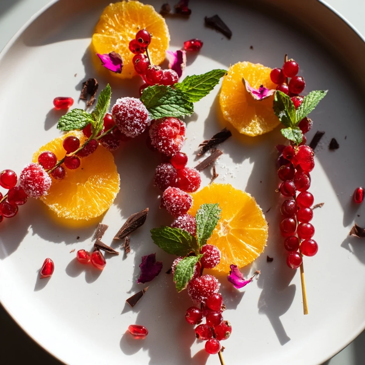 Fresh, colorful Baisers de Minuit cocktail garnishes with sugared citrus slices and vibrant fruit skewers.