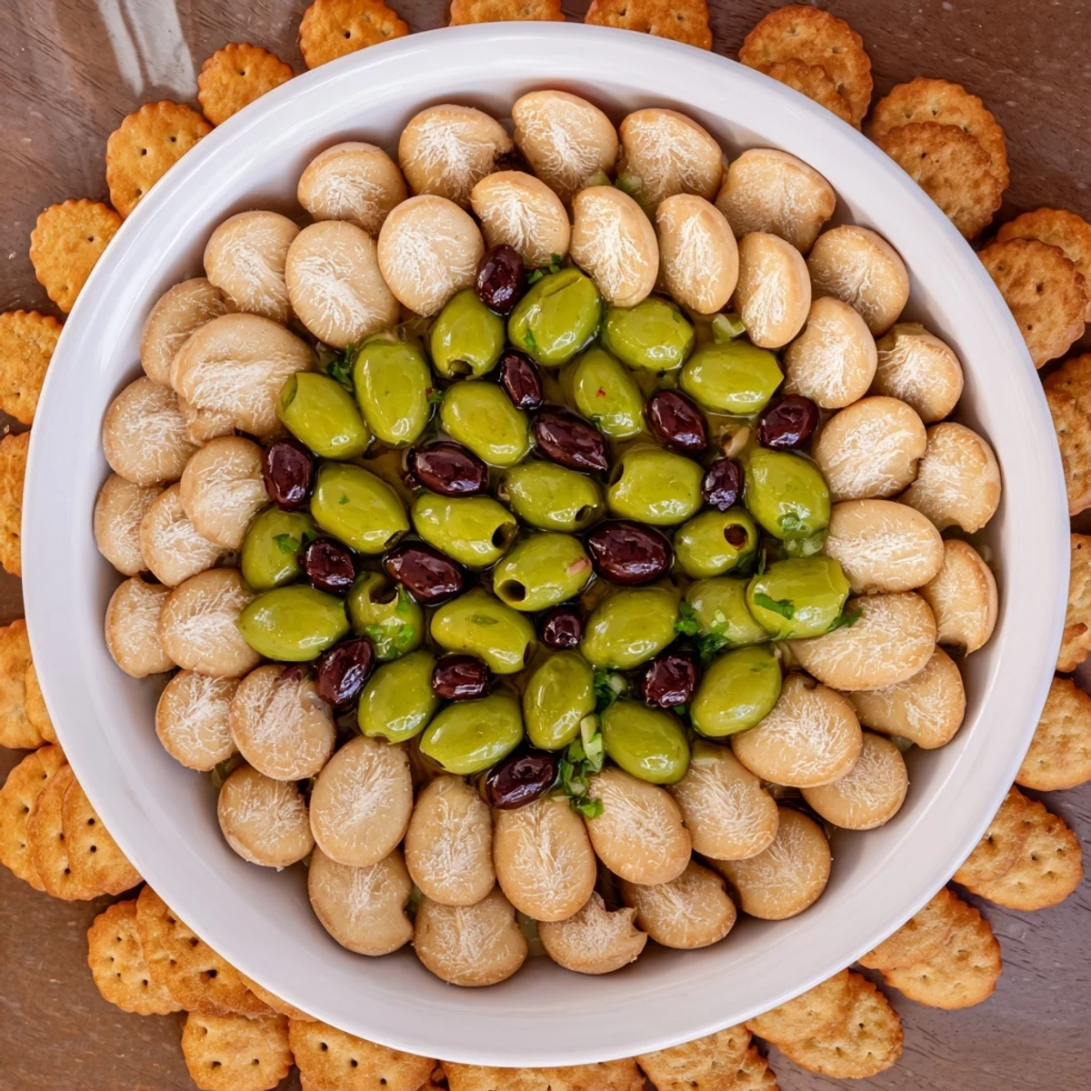 Close-up view of The Roman Colosseum Snack Platter displaying olives as gladiators in a cracker arena.