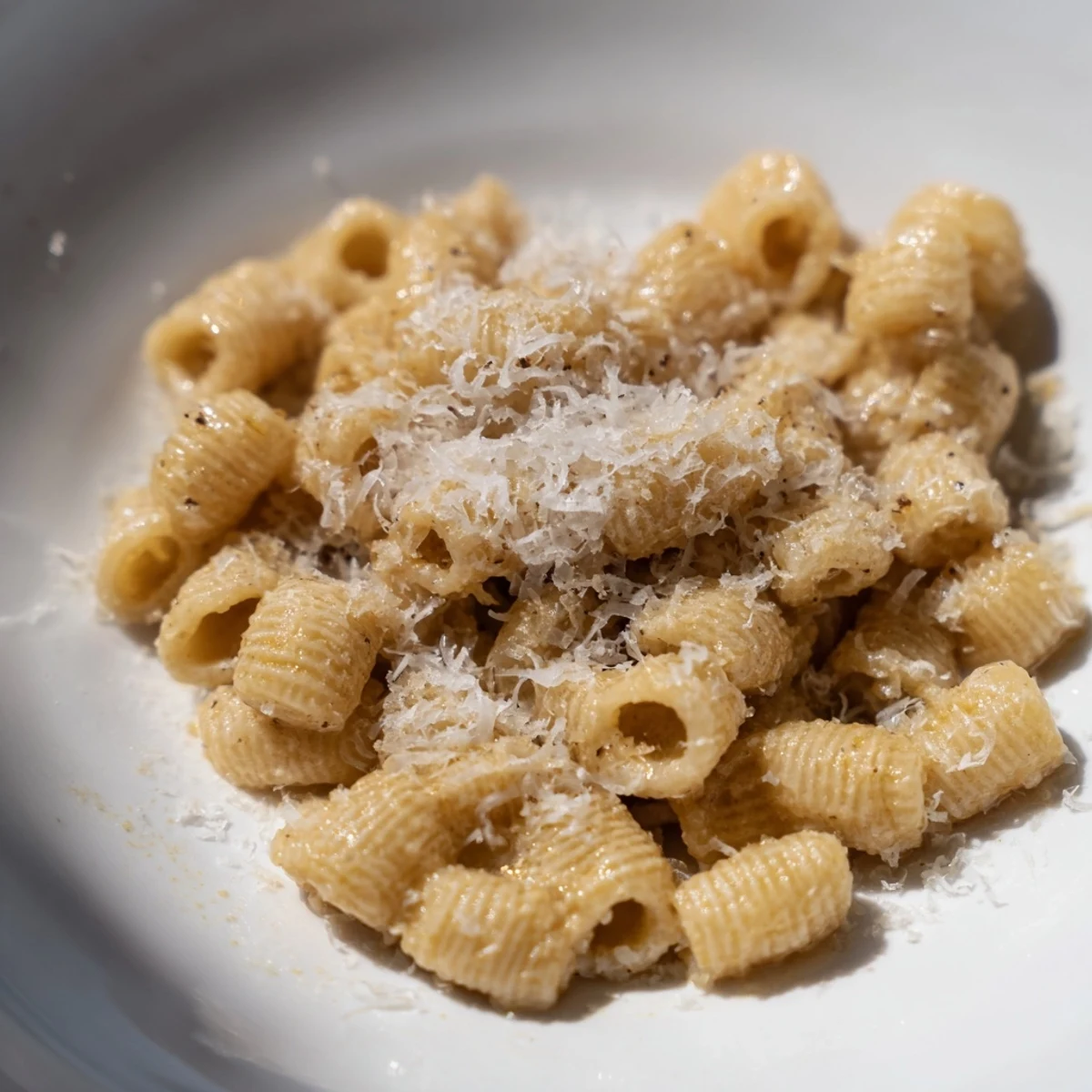A close-up of finished 15-Minute Garlic Parmesan Pasta, sprinkled with fresh parsley and extra Parmesan.