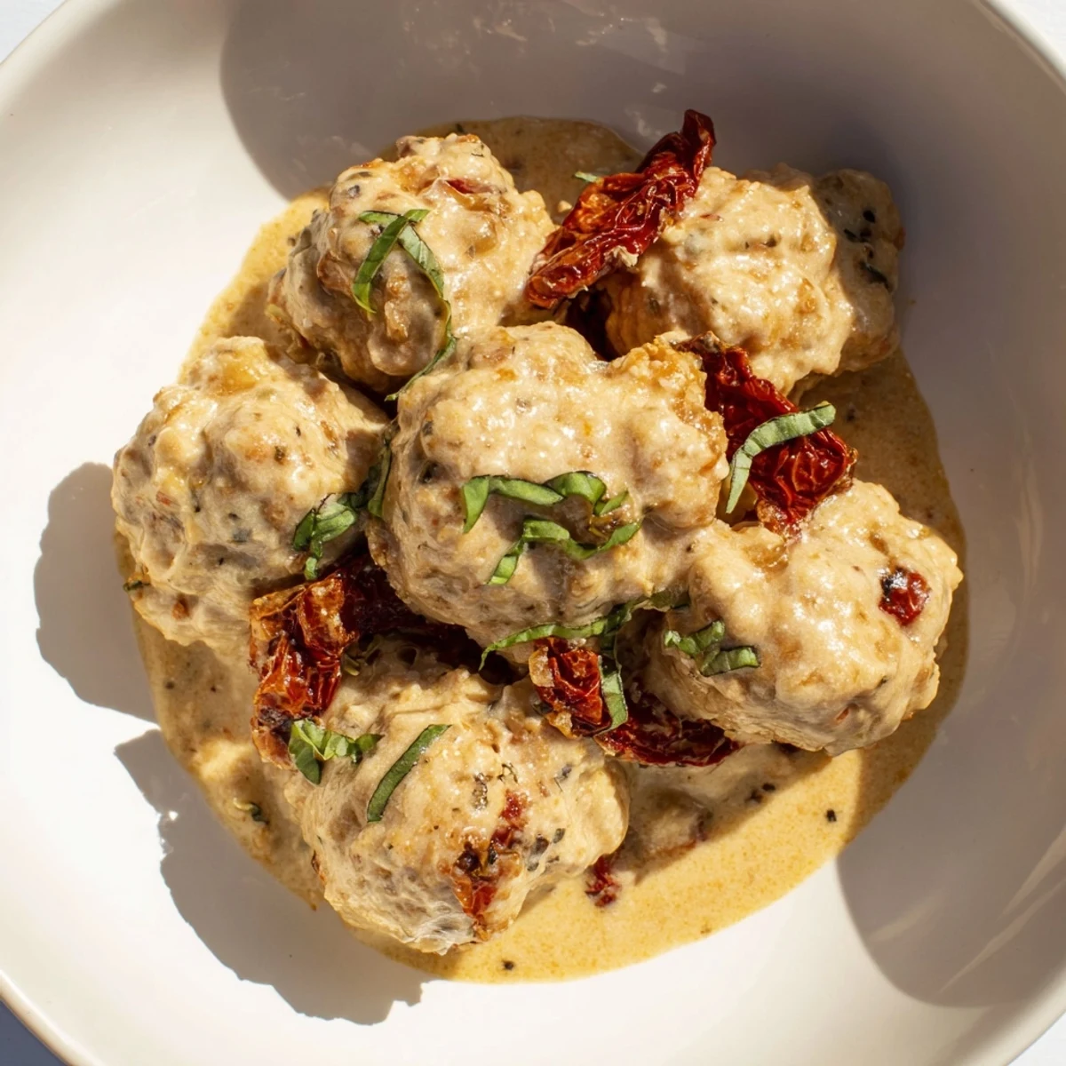 Close-up of golden-brown Marry Me Chicken Meatballs, cooked in a vibrant, sun-dried tomato sauce.