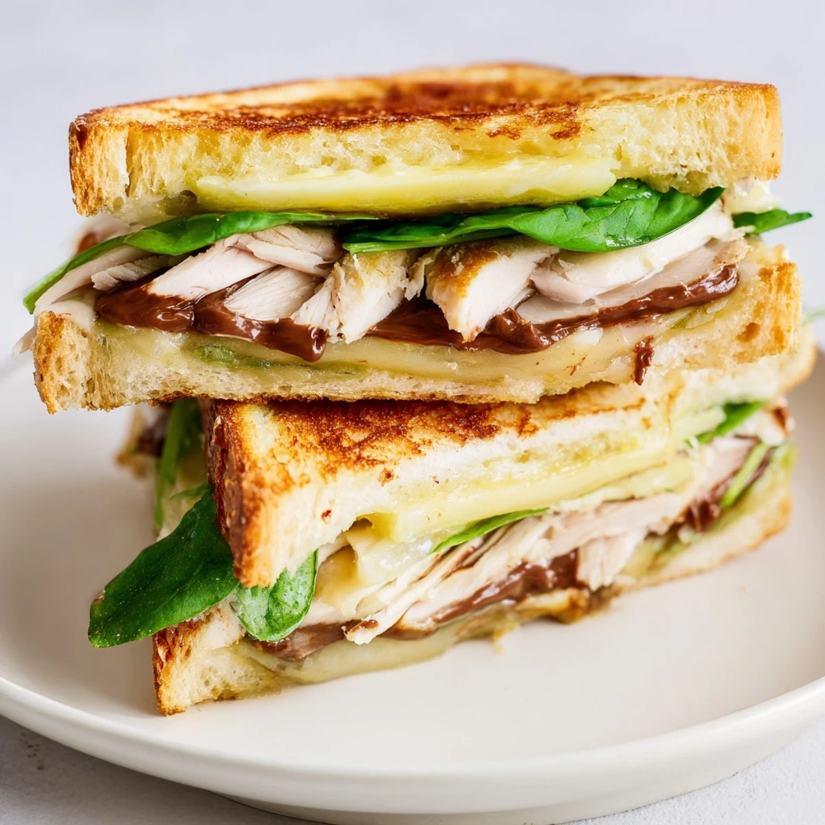 Delectable close-up of a Nutella grilled cheese with chicken, showing the bubbling brie and tender chicken.