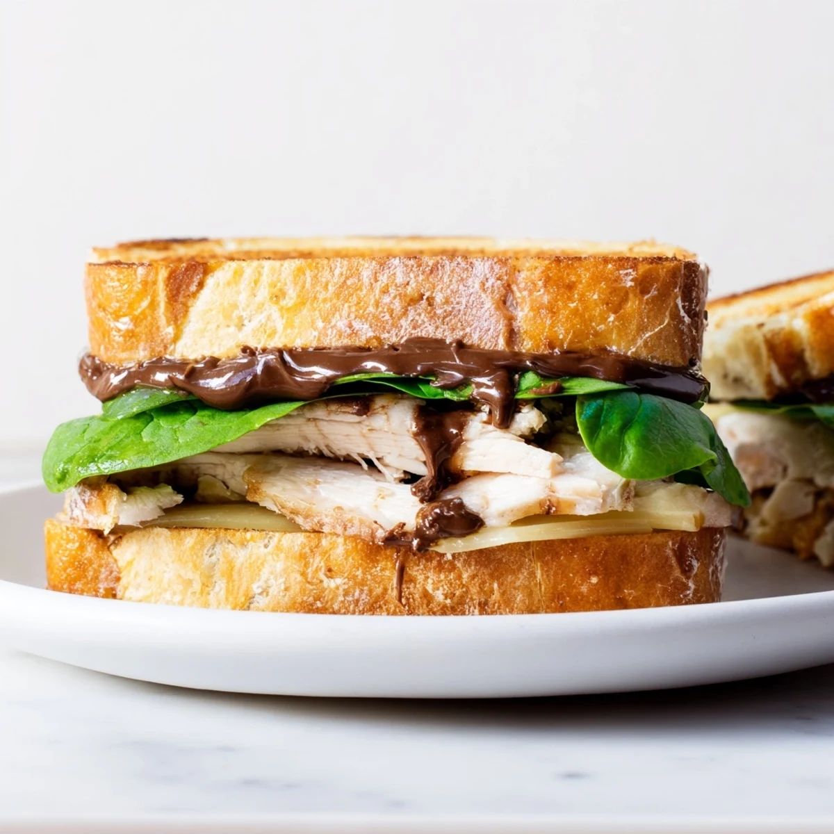 Buttery, toasted slices hold the Nutella grilled cheese with chicken, oozing with melted brie and savory chicken.