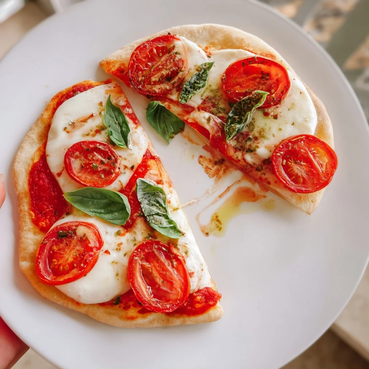 Crisp and bubbly Quick Margherita Naan Pizza awaits, with melted mozzarella and fresh basil.
