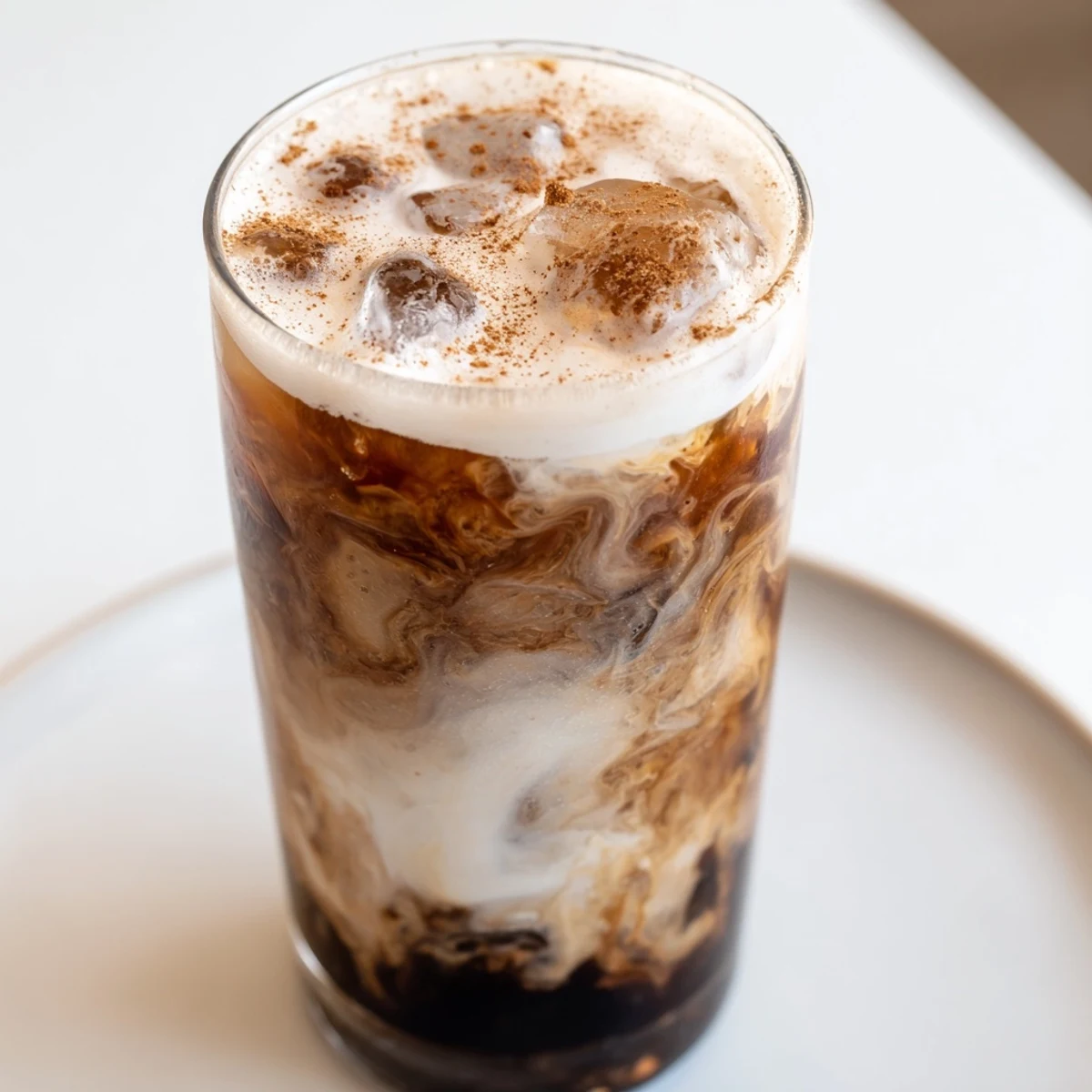Frothy Iced Brown Sugar Oat Latte, a creamy vegan coffee drink shaken with ice and espresso.