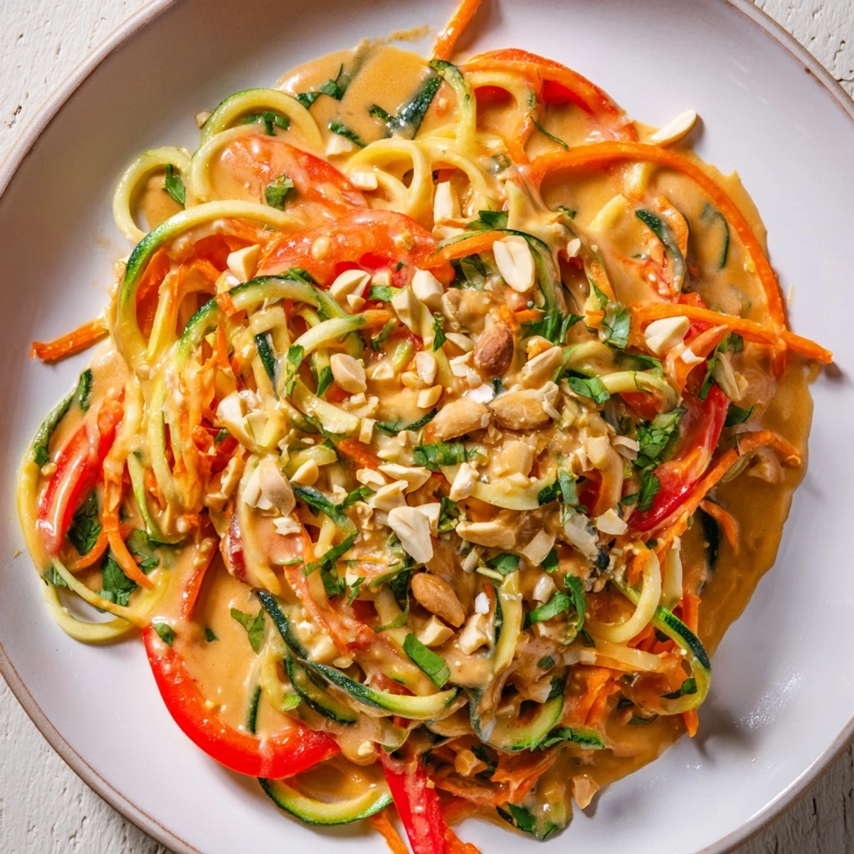 Vibrant bowl of zesty peanut zucchini noodles, garnished with peanuts and fresh cilantro, is so delicious.