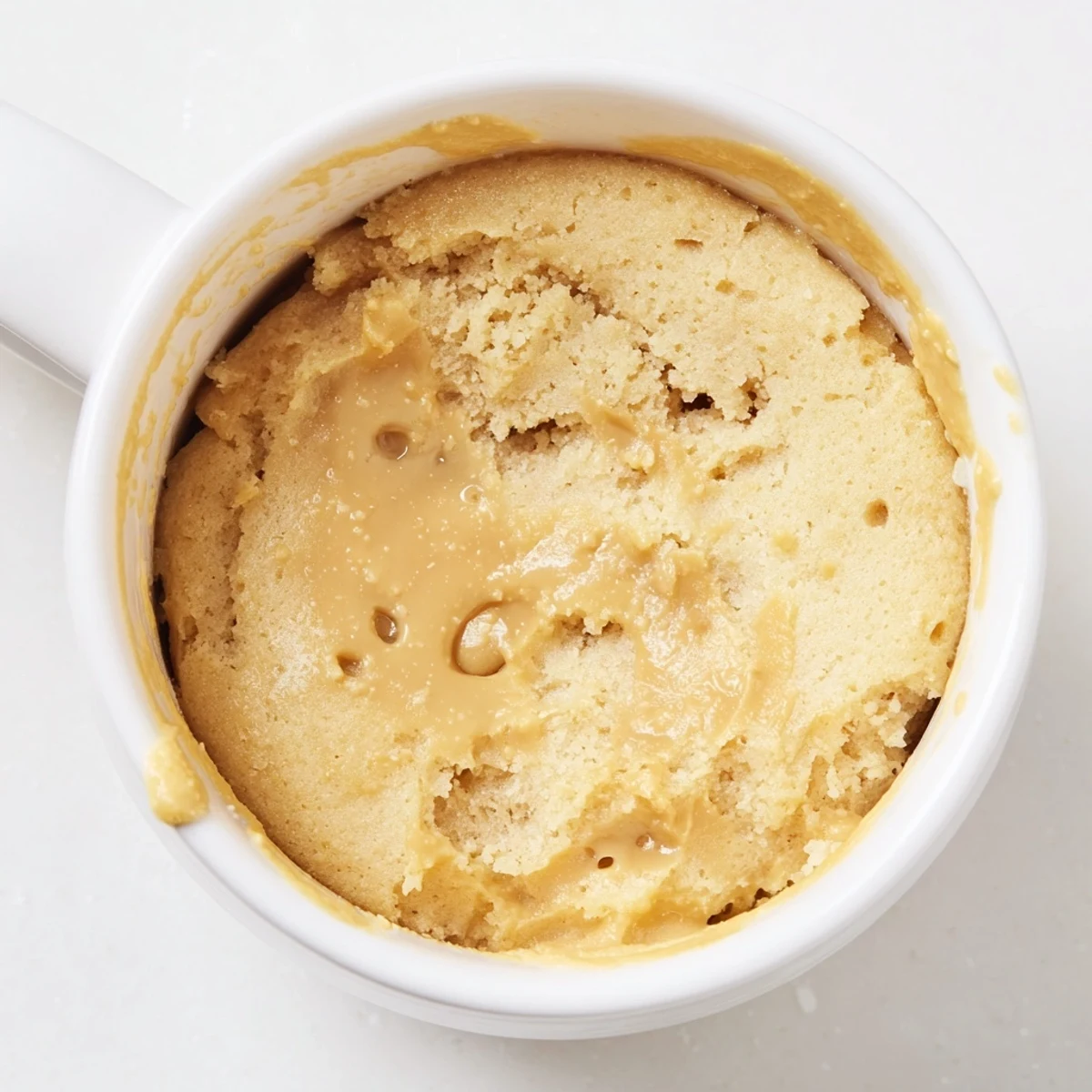 Imagine a moist, decadent 2-Minute Peanut Butter Mug Cake, topped with drizzled honey and ready to enjoy.