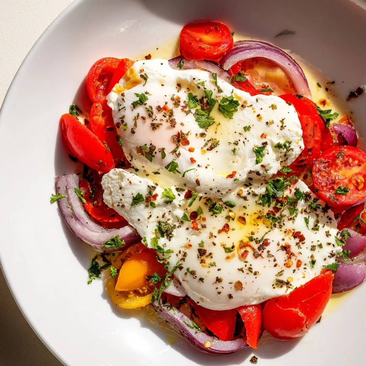 Mediterranean Baked Feta & Eggs dish bubbling in a baking dish, ready to be served hot.