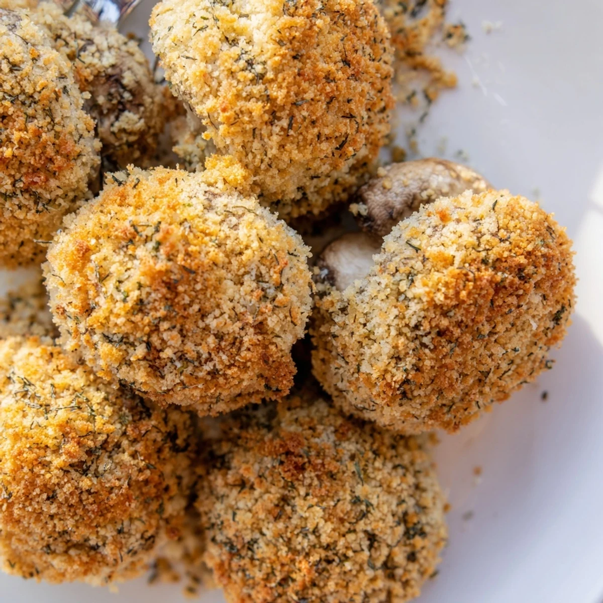 Crispy, golden ranch-seasoned mushrooms ready to serve, a flavorful appetizer for snacking.