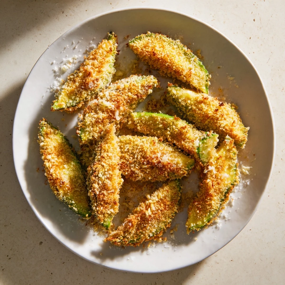 Golden-brown, perfectly crispy baked avocado fries served fresh on a parchment-lined baking sheet.
