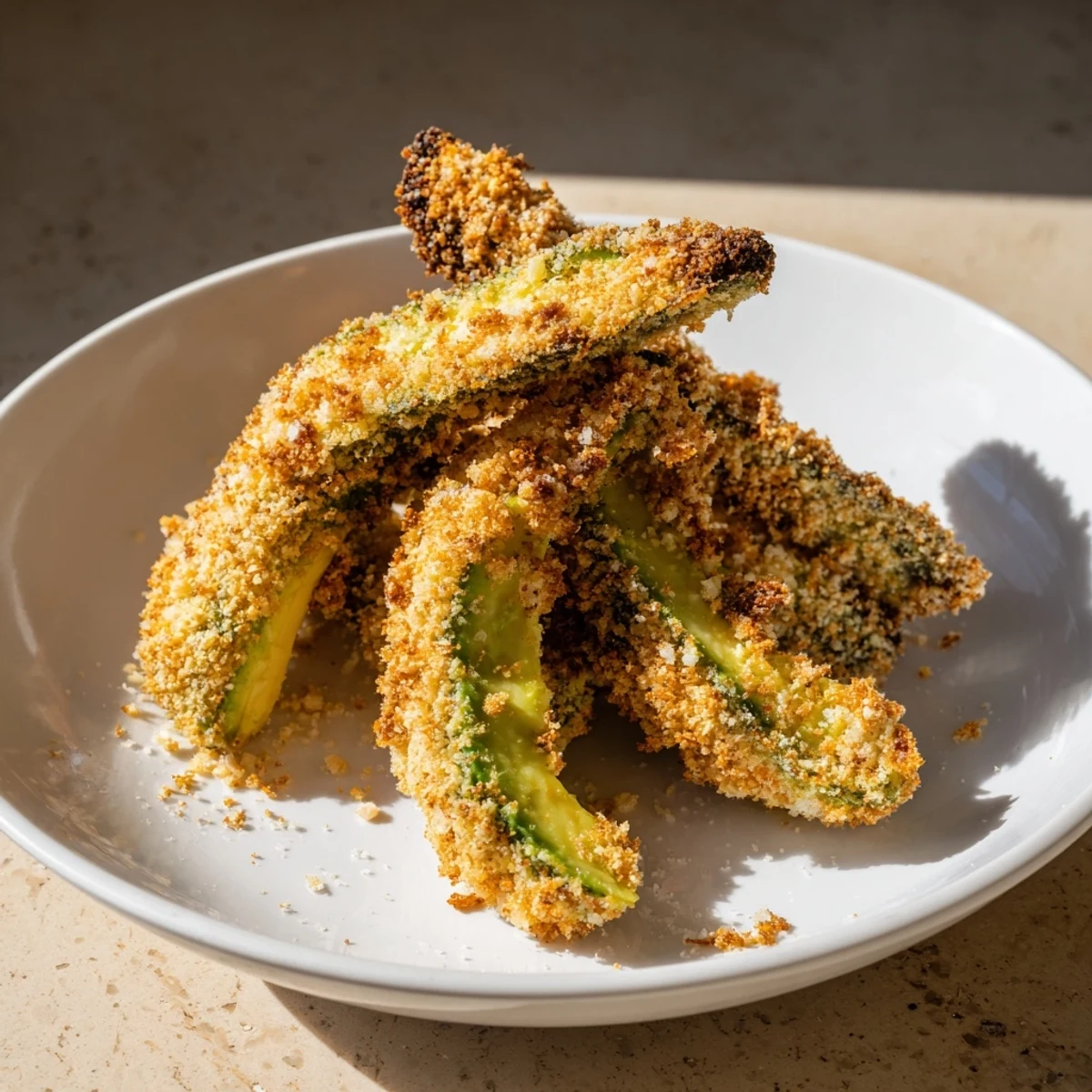 Golden-brown, perfectly crispy baked avocado fries served fresh on a parchment-lined baking sheet.