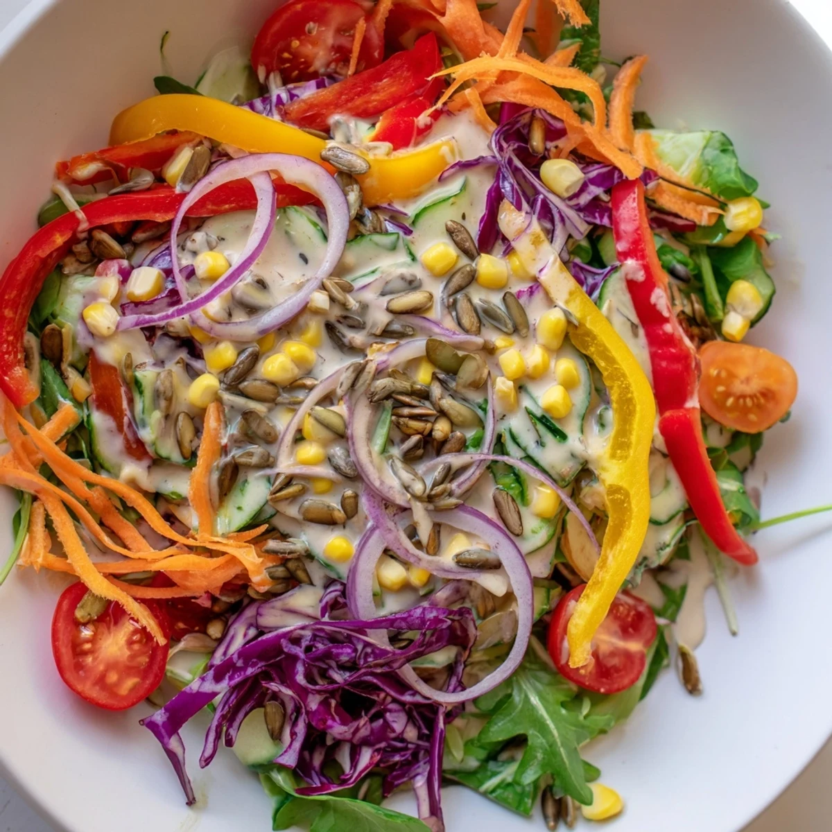 Freshly tossed rainbow salad, showing vibrant bell peppers and a luscious, healthy meal idea.
