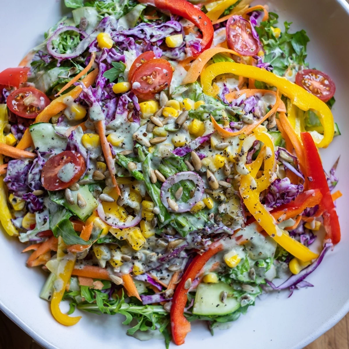 Close-up of rainbow salad, featuring crisp veggies & tahini dressing; perfect for a light lunch.