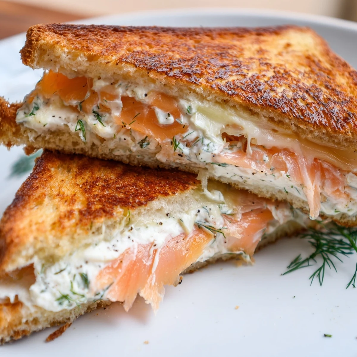 Golden, melty Smoked Salmon Grilled Cheese sandwich, served warm, oozing with cheese and salmon.