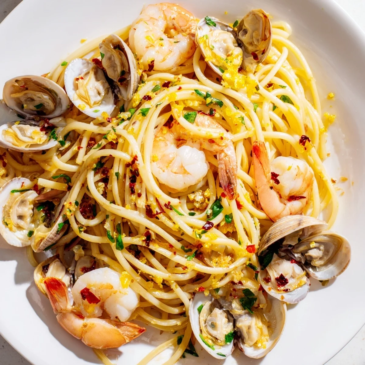 Golden garlic-infused olive oil coats the seafood pasta aglio e olio, shimmering with shrimp and clams.