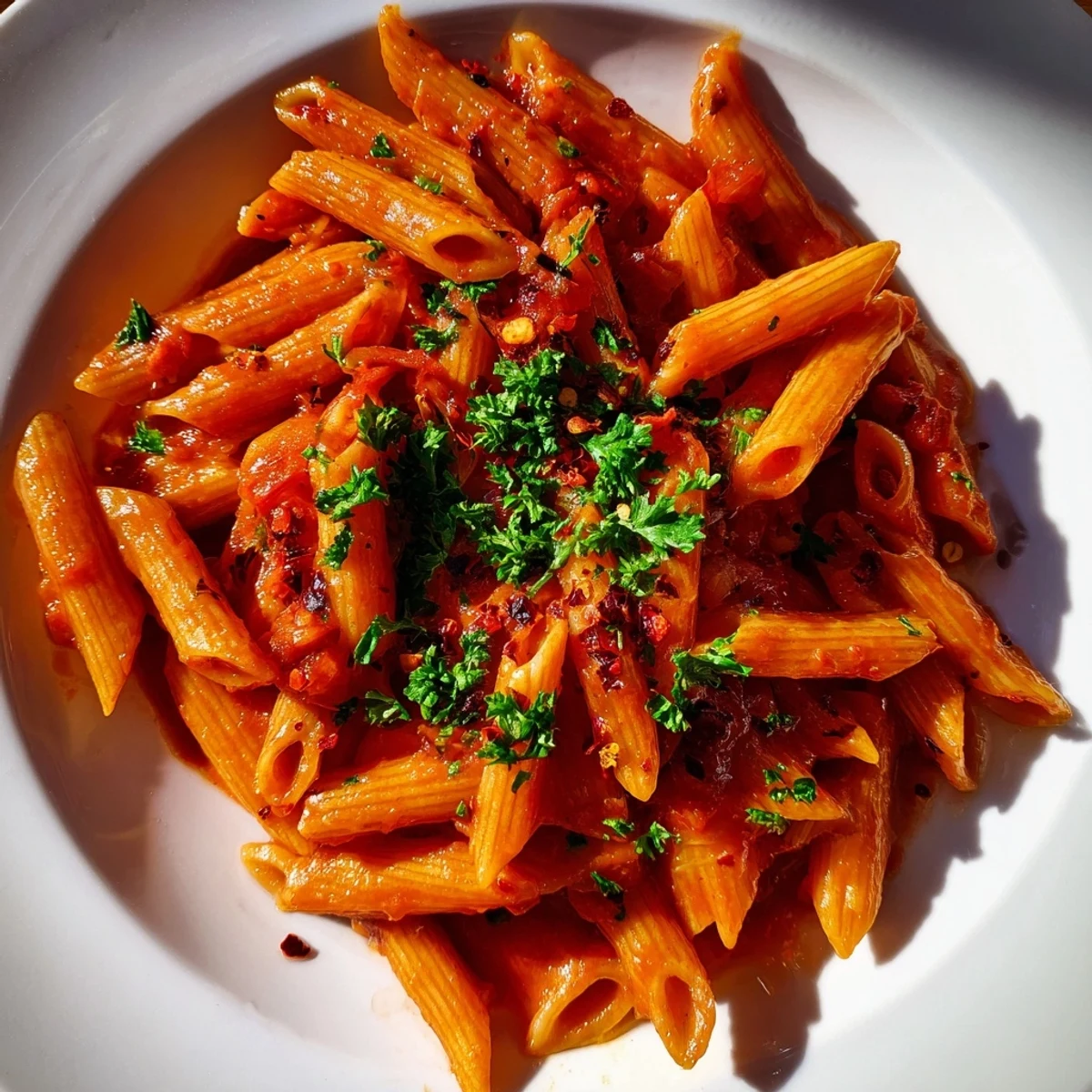 Close-up of penne all'arrabbiata, showcasing the fiery red tomato sauce and fresh parsley garnish.