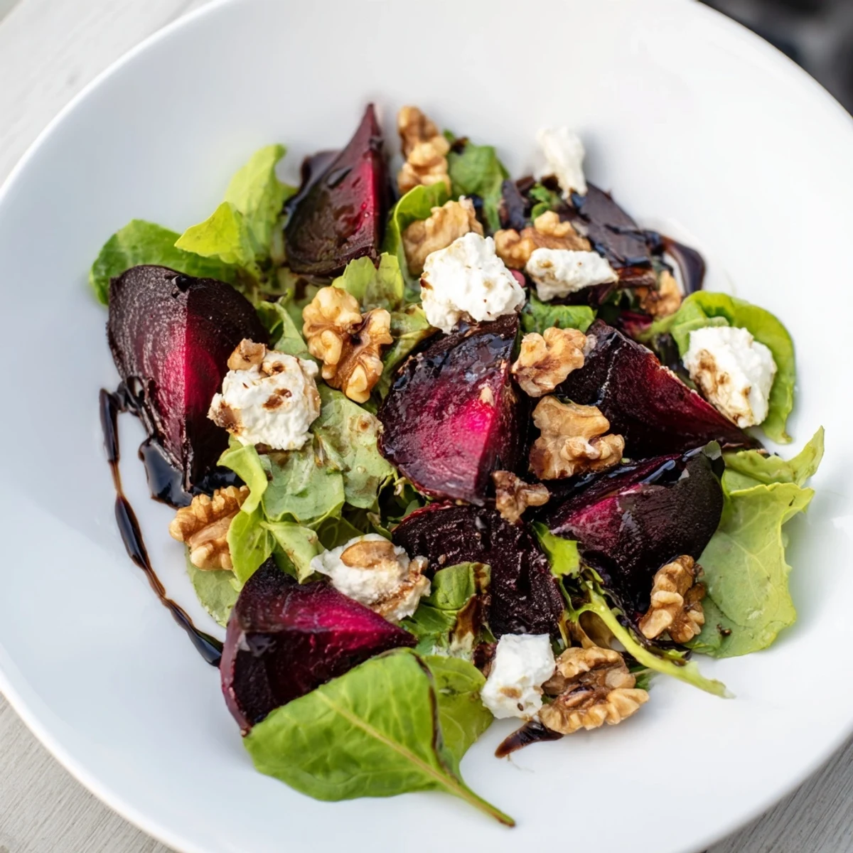 Freshly assembled beet and goat cheese salad, ready to eat, with bright greens and tangy vinaigrette.