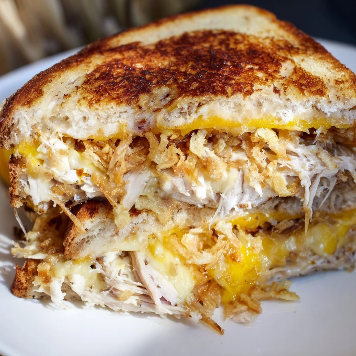A close-up shot of a perfectly grilled Crispy Shallot Chicken Grilled Cheese, ready to be sliced and enjoyed.