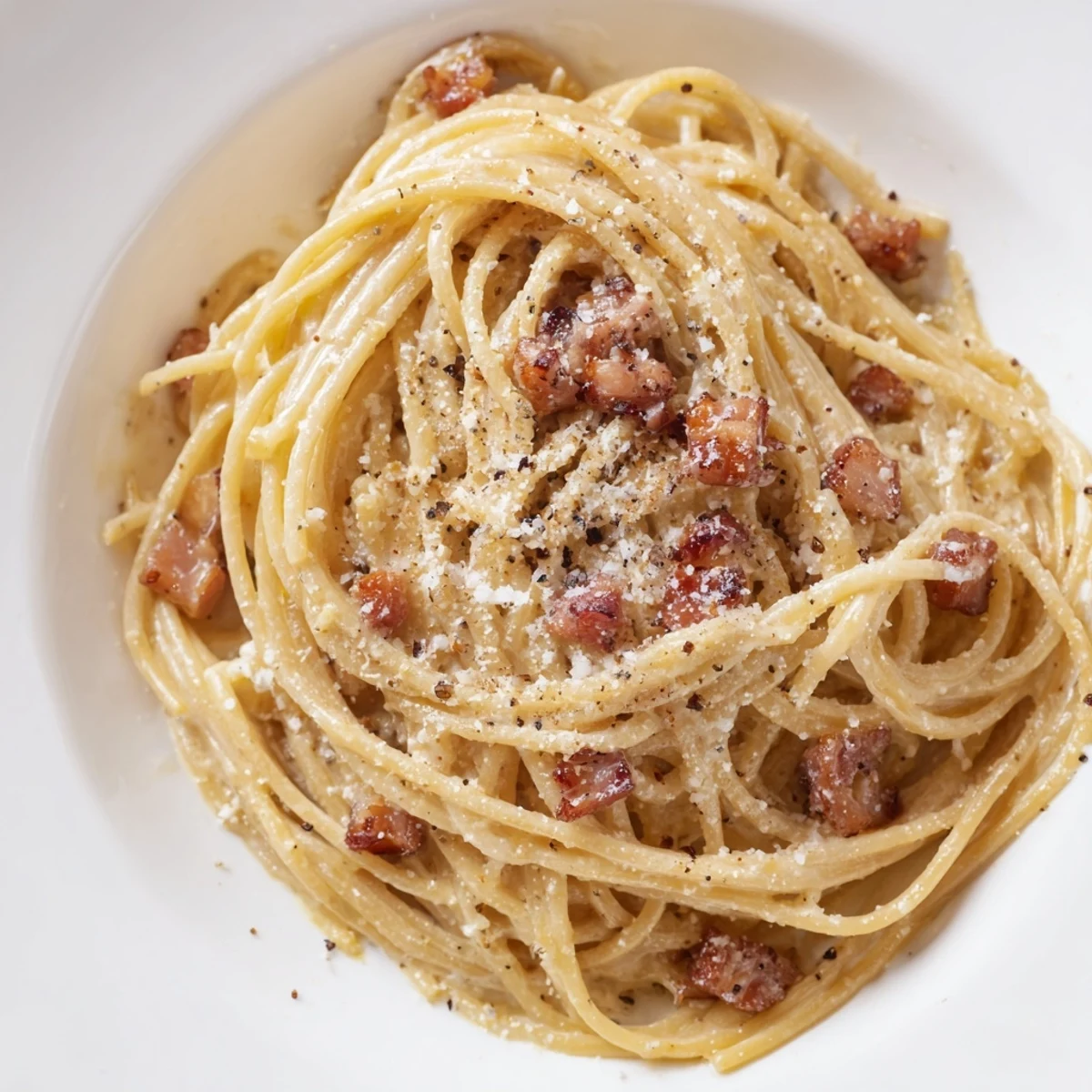 Steaming plate of Express Spaghetti Carbonara: creamy pasta coated with golden egg, bacon crumbles, and Parmesan.