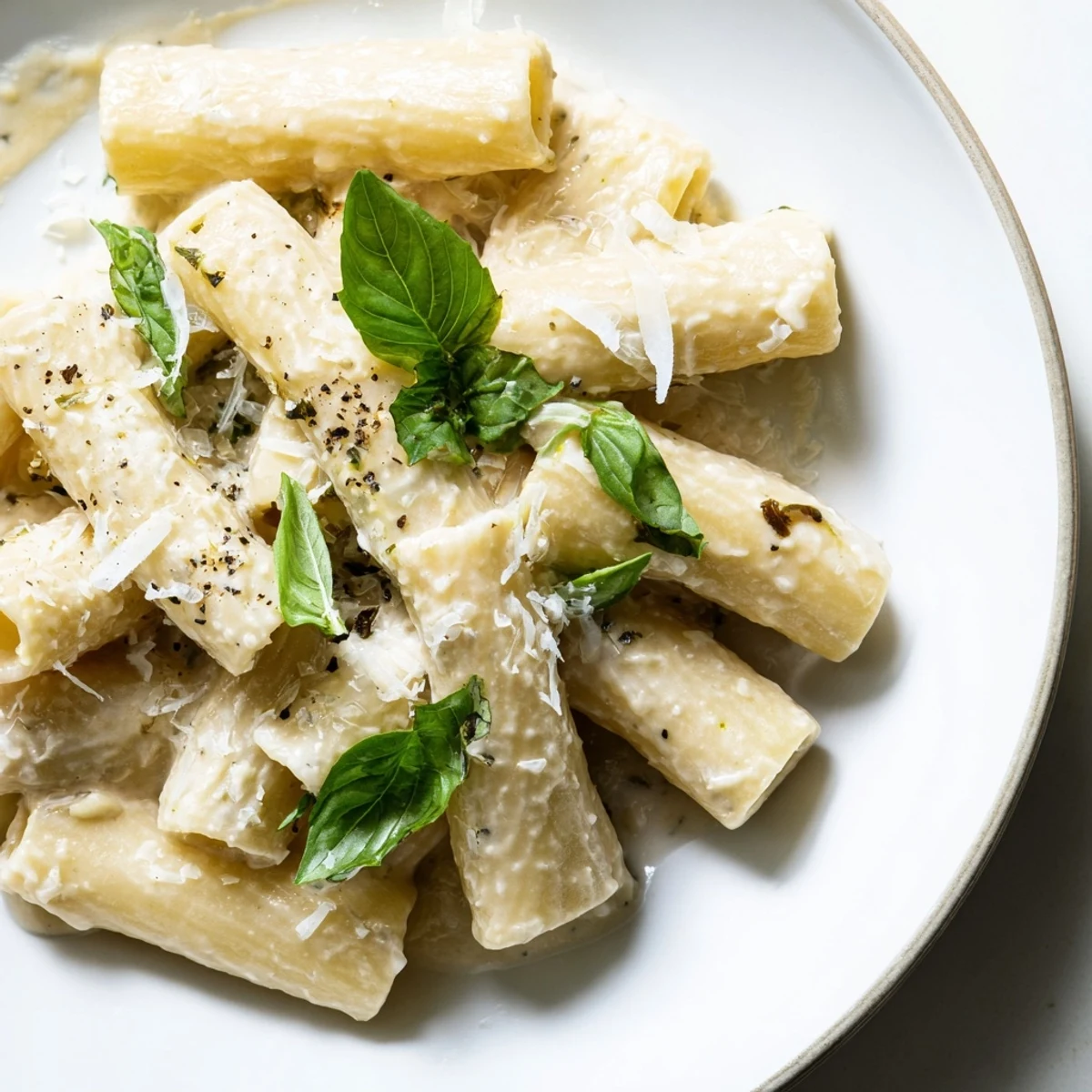 A bowl of creamy cottage cheese pasta, topped with fresh basil and Parmesan cheese.