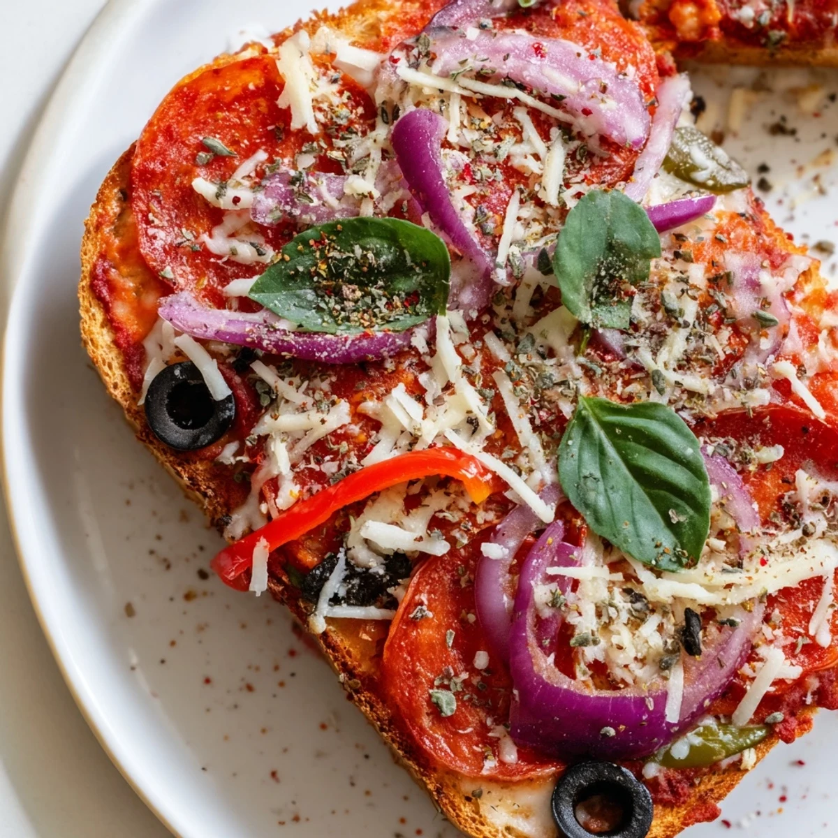 A close-up of cheesy Pizza Toast 2.0, showcasing gooey provolone and fresh basil garnishing.