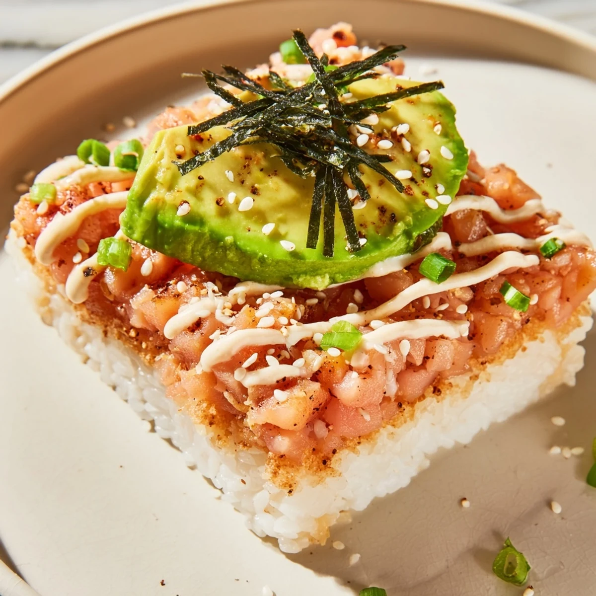 Golden-crispy rice squares topped with fresh, flavorful salmon make this Crispy Rice Salmon Stack irresistible.
